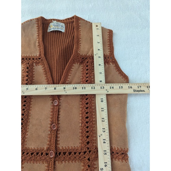 VTG Mixed Media Tan Vest Boho Festival Stretch Ribbed Sweater & Suede Button Up - Picture 7 of 8